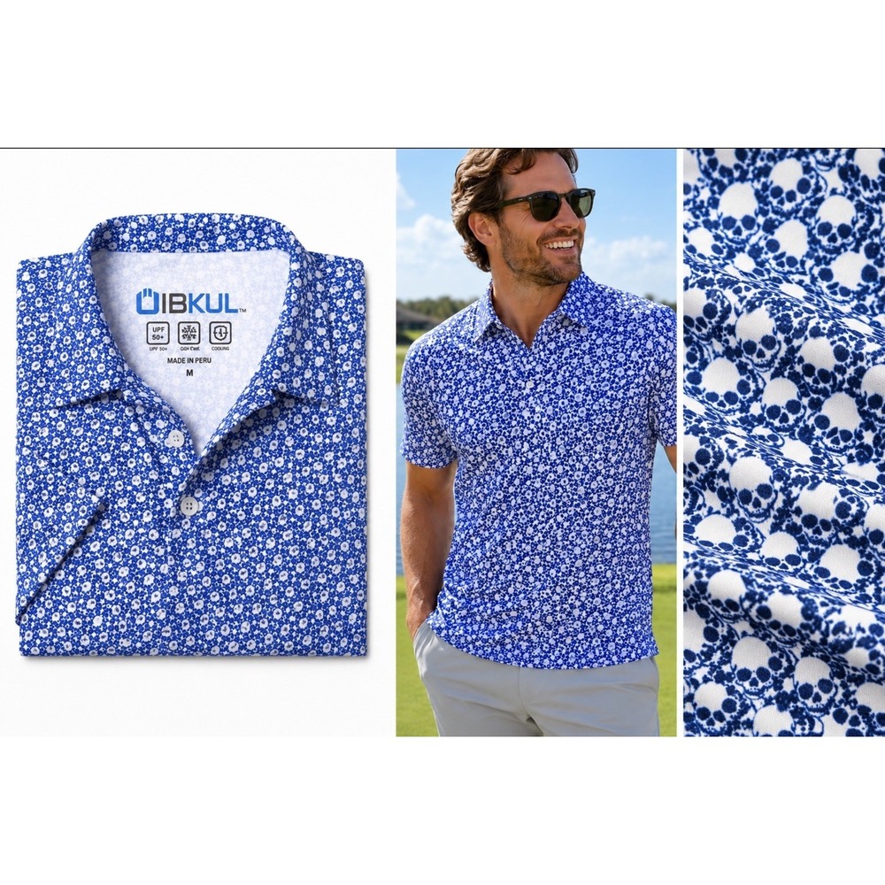 IBKUL Men's Medium Polo Skulls All Over Print Golf Polo Shirt Performance UPF50